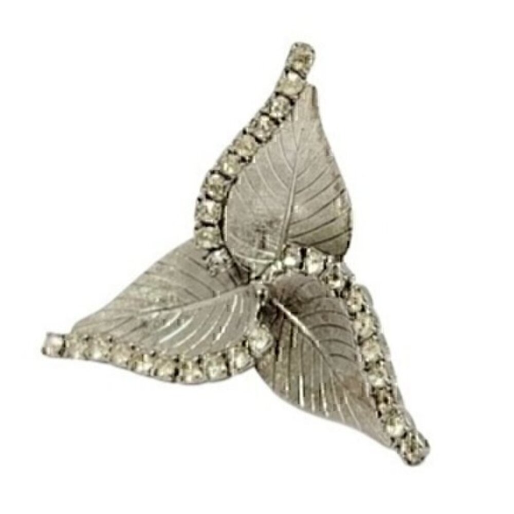 Vintage Rhinestones Silver Tone Leaf Brooch Pin